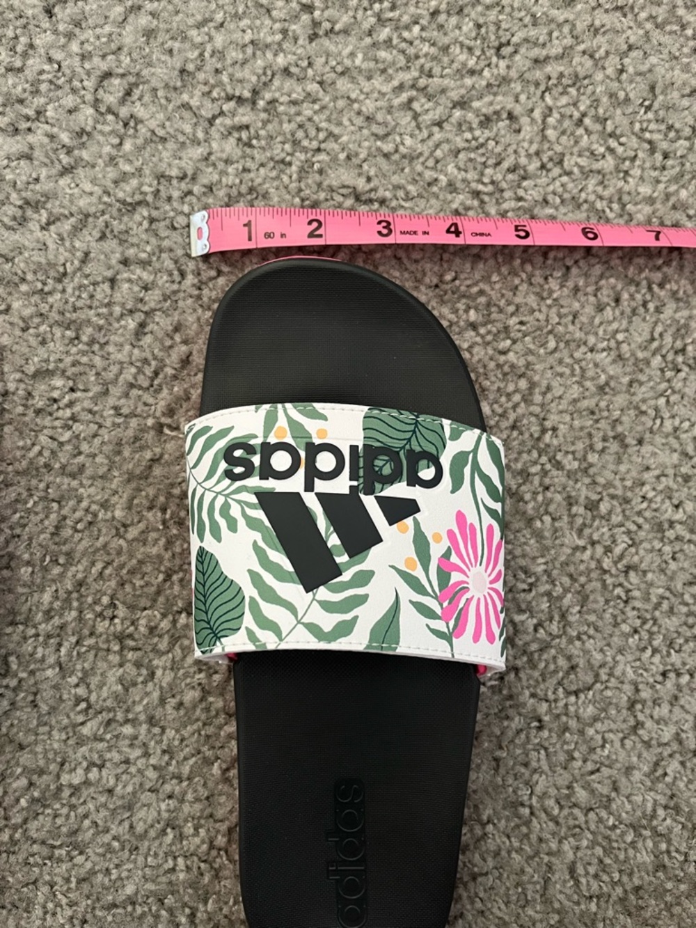 adidas Black Slide Sandals with Pink Trim and Floral Strap - Picture 7 of 8